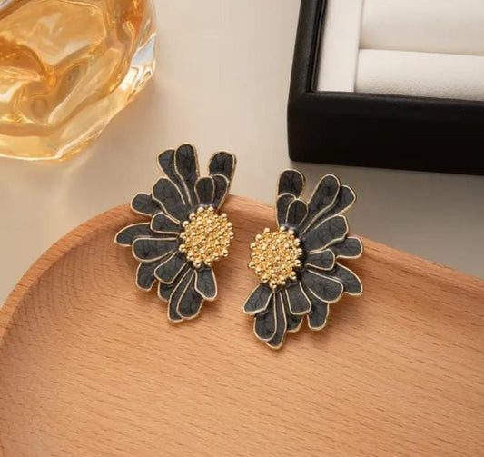 Midnight Bloom Black & Gold Floral Statement Earrings