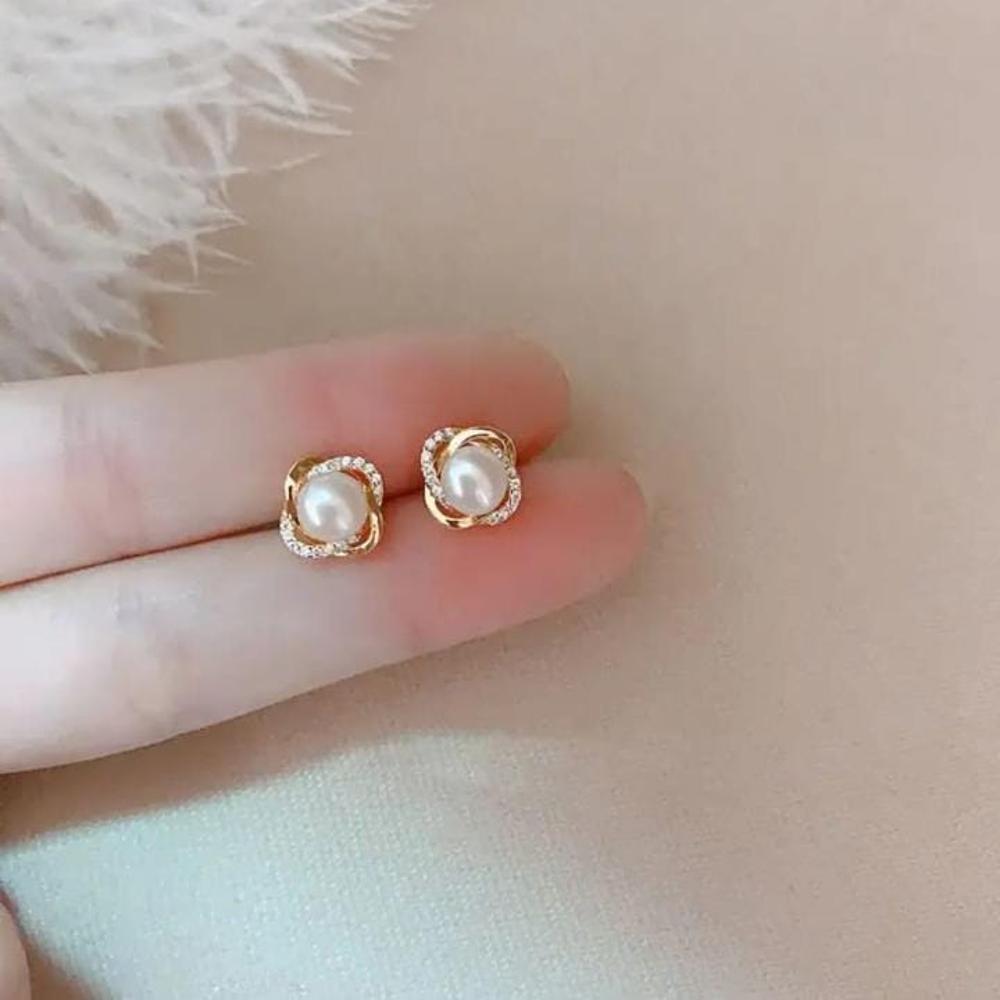 Golden Pearl Knot Stud Earrings