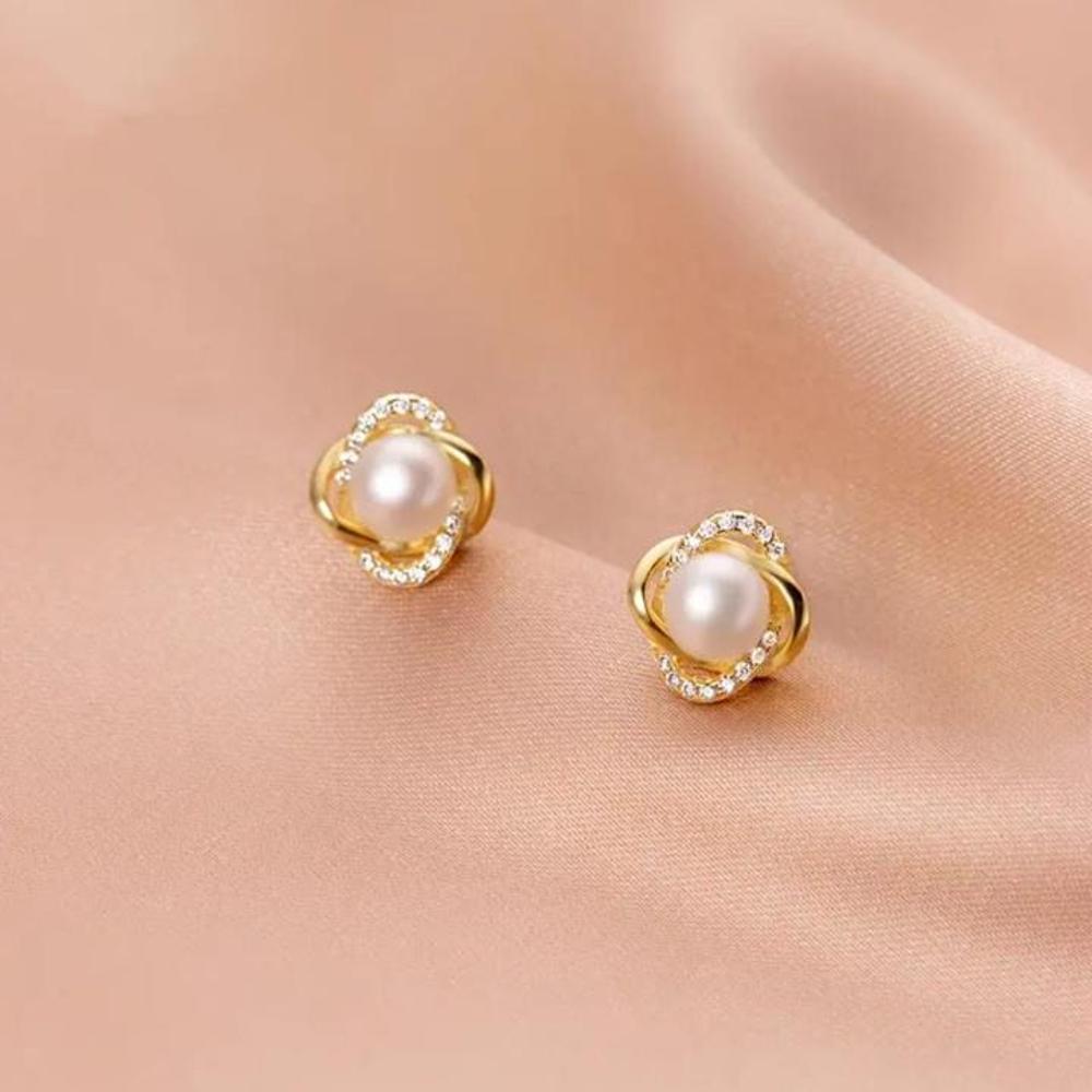 Golden Pearl Knot Stud Earrings